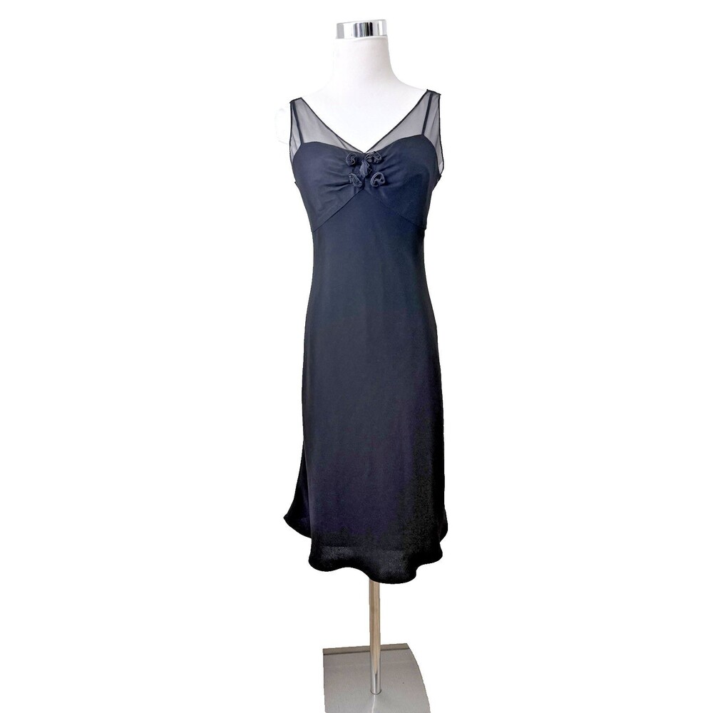 Vintage 90s Bias Cut Slip Dress Black Evan Picone Sz 4 Silk Rosette Mesh Y2K